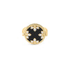The VENETIAN MEDALLIONS MEDIUM REVERSIBLE RING by Roberto Coin is crafted in 18K yellow gold, featuring a round black enamel face with three diamond floral motifs and a twisted rope border, inspired by Venetian medallion designs.