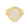 The VENETIAN MEDALLIONS MEDIUM REVERSIBLE RING by Roberto Coin features 18K yellow gold, a round white mother-of-pearl center, a twisted gold rope frame, and three evenly spaced gold leaf motifs.