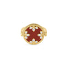 The VENETIAN MEDALLIONS MEDIUM REVERSIBLE RING by Roberto Coin is crafted in 18K yellow gold with a round red center, twisted rope border, and white gemstones forming a floral diamond pattern for an elegant statement.