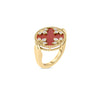 Experience the VENETIAN MEDALLIONS MEDIUM REVERSIBLE RING by Roberto Coin, a stunning 18K yellow gold ring with a round red stone centerpiece, twisted rope border, and leaf-shaped diamond accents for true elegance.