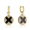 The VENETIAN MEDALLIONS SMALL DROP EARRINGS by Roberto Coin in 18K yellow gold feature round black agate stones and sparkling diamond clusters, radiating timeless elegance against a white background.