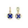 The VENETIAN MEDALLIONS SMALL DROP EARRINGS by Roberto Coin feature round blue stones and white gems in a floral 18K yellow gold setting with detailed borders, resembling diamond dangle earrings, elegantly displayed on a white background.