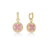 The VENETIAN MEDALLIONS SMALL DROP EARRINGS by Roberto Coin in 18K yellow gold feature round pink stone drops and sparkling gemstone clusters, radiating timeless elegance against a white background.