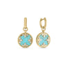 Roberto Coin VENETIAN MEDALLIONS SMALL DROP EARRINGS in 18K yellow gold feature round turquoise pendants, diamond accents in a floral motif, and textured rope edges for elegant detail.