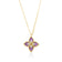 Yellow gold flower necklace featuring lavender enamel and diamonds on a white background