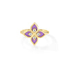 Front view of a yellow gold ring featuring lavender enamel and diamonds on a white background