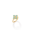 The Roberto Coin VENETIAN PRINCESS DIAMOND AND CYAN ENAMEL FLOWER RING in 18K yellow gold features a flower design with four cyan enamel petals and diamond accents, shown on a white background.