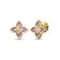 Yellow gold flower stud earrings featuring lavender enamel and diamonds on a white background