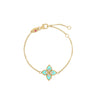 Gold chain bracelet with turquoise ceramic enamel four-petal flower charm set with diamonds and gold lobster clasp.