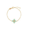 Yellow gold bracelet with a turquoise enamel and diamond flower charm on a white background