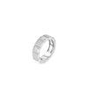 The OBELISCO MIXED CUT PAVE DIAMOND RING by Roberto Coin features an 18K white gold segmented band with rows of round and baguette-cut diamonds, elegantly set to highlight the mixed-cut design.
