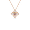 The Roberto Coin VENETIAN PRINCESS CARNIVAL PAVE DIAMOND AND MIXED STONES LARGE FLOWER NECKLACE showcases a clover-inspired pendant with pavé diamonds and vibrant gemstones, set in 18K rose gold and hanging from a fine chain.