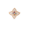 The VENETIAN PRINCESS CARNIVAL PAVE DIAMOND AND MIXED STONES LARGE FLOWER RING by Roberto Coin dazzles in 18K rose gold with diamond-studded petals and five vibrant gemstones, capturing Venetian elegance in a stunning floral design.