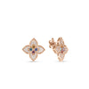 The Roberto Coin Venetian Princess Carnival Large Flower Stud Earrings feature pave diamonds and mixed stones, beautifully displayed against a white background.