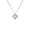 Rose gold four-pointed flower pendant necklace with light blue center stone and diamond pavé petals.