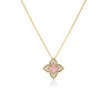 Yellow gold and diamond flower necklace with pink opal center stone on a white background