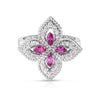 Front view of a white gold with pave diamond flower ring featuring pink sapphire center accents on a white background.