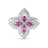 Front view of a white gold with pave diamond flower ring featuring pink sapphire center accents on a white background.