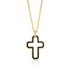 Yellow gold, black ceramic, and diamond cross outline necklace on a white background