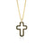 Yellow gold, black ceramic, and diamond cross outline necklace on a white background
