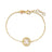 The VENETIAN MEDALLIONS SMALL CHARM BRACELET by Roberto Coin features a delicate gold chain, a round mother-of-pearl charm with diamonds, an adjustable clasp, and an engraved oval tag—an elegant tribute to Italian craftsmanship.