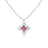 The Roberto Coin DIAMOND PRINCESS LUCE DIAMOND AND RUBELLITE FLOWER NECKLACE features a silver chain with a cross-shaped pendant adorned with four round rubellites at the center, surrounded by baguette-cut clear stones.