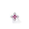 The DIAMOND PRINCESS LUCE DIAMOND AND RUBELLITE FLOWER RING by Roberto Coin features four round pink rubellites at the center, starburst-set with clear baguette diamonds in 18K white gold, displayed against a white background.