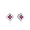 The DIAMOND PRINCESS LUCE FLOWER STUD EARRINGS by Roberto Coin showcase four round pink gemstones at the center, encircled by baguette-cut clear stones set in white metal for a dazzling, elegant look.