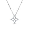 White gold necklace with diamond floral pendant on a white background.