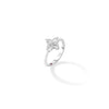 Side view of white gold and diamond floral ring on a white background