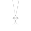 White gold and diamond floral necklace on a white background.
