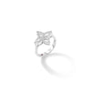 Silver ring with four-petal flower design set with diamonds in outlined pattern and tapered band.