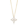 Yellow gold and diamond floral necklace on a white background.