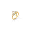 Side view of yellow gold and diamond floral ring on a white background.