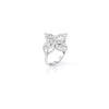 Side angle of white gold and diamond ring on a white background