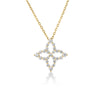 Yellow gold necklace with a diamond flower pendant on a white background