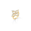 Side angle of gold and diamond ring on a white background
