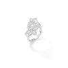 Side view of a white gold double floral bypass ring with diamonds on a white background