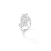 Side view of a white gold double floral bypass ring with diamonds on a white background
