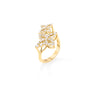 Side view of a yellow gold double floral bypass ring with diamonds on a white background