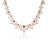 The TIARE' Diamond, Rubellite, and Mother of Pearl Collar Necklace by Roberto Coin showcases alternating mother of pearl petals and diamond-set leaves with rubellites at each flower's center, displayed on a white background.