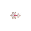 The Roberto Coin TIARE' Diamond, Rubellite, and Mother of Pearl Split Flower Ring showcases dual floral motifs with white mother of pearl petals, diamond accents, and vibrant rubellite centers against a white background.