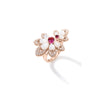 The TIARE' Diamond, Rubellite, and Mother of Pearl Split Flower Ring by Roberto Coin features white mother of pearl petals, sparkling diamond accents, and a central rubellite gemstone, displayed on a white background with a soft shadow.