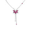 The TIARE' Diamond and Rubellite Riviera Necklace by Roberto Coin features an 18K white gold floral pendant with five pink rubellites, marquise diamonds, and two diamond-accented strands tipped with pink gems.