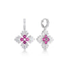 The DIAMOND PRINCESS LUCE DIAMOND AND RUBELLITE FLOWER DROP EARRINGS by Roberto Coin feature a cross-shaped design with four vibrant rubellite gems and baguette-cut white diamonds set in polished 18K white gold.