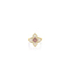 The Roberto Coin Venetian Princess Carnival Diamond and Rubellite Large Flower Ring features five diamond-encrusted petals with clustered pink rubellites at the center, all set in 18K yellow gold.