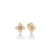 Roberto Coin's VENETIAN PRINCESS CARNIVAL DIAMOND AND RUBELLITE LARGE FLOWER STUD EARRINGS feature four-petal gold studs outlined in 18K yellow gold with sparkling diamonds and pink rubellites at the center, evoking Venetian charm.