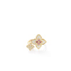 The Roberto Coin VENETIAN PRINCESS CARNIVAL DIAMOND AND RUBELLITE DOUBLE FLOWER RING in 18K yellow gold features diamond-encrusted dual floral motifs, each with a central pink rubellite gem, displayed on a white background.