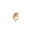 The Roberto Coin Venetian Princess Carnival Diamond and Rubellite Double Flower Ring in 18K yellow gold showcases diamond-encrusted petals with a pink rubellite cluster at the center, displayed on a plain white background.