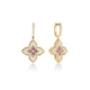 Roberto Coin’s VENETIAN PRINCESS CARNIVAL DIAMOND AND RUBELLITE FLOWER DROP EARRINGS in 18K yellow gold feature four-petal flower designs with white diamonds and central rubellites, shown from front and side views against a white background.